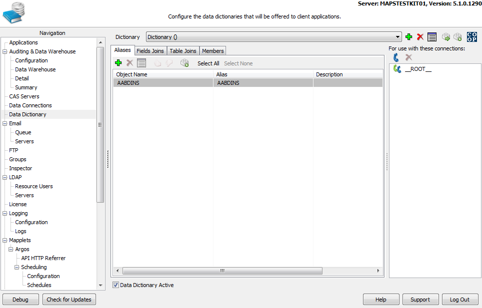 The Data Dictionary within the MAP Server Configuration Tool.